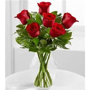 Valentines 6 Short Red Roses in a vase