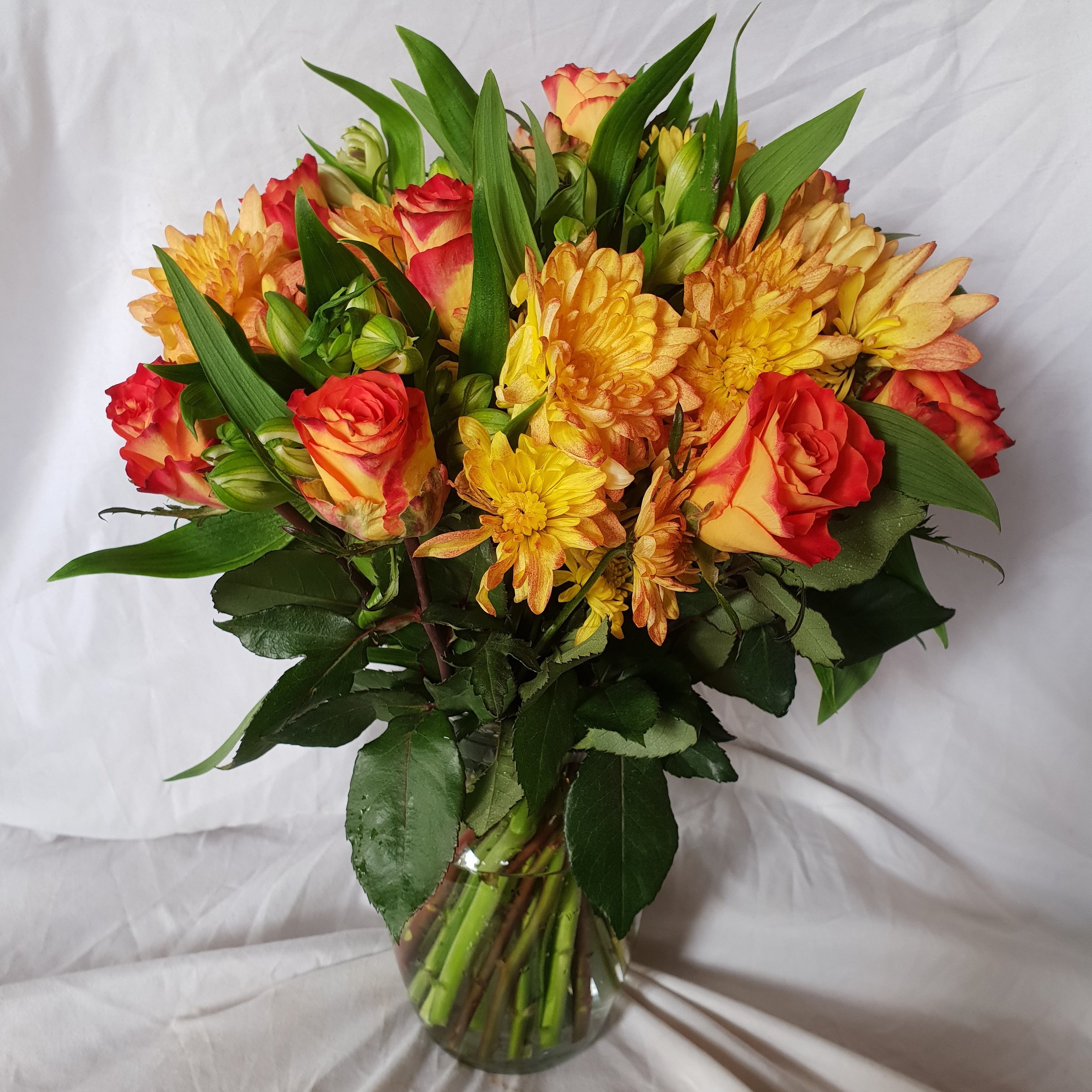 AUTUMN BLISS - Autumn tone roses and alstroemeria in yellow orange red ...